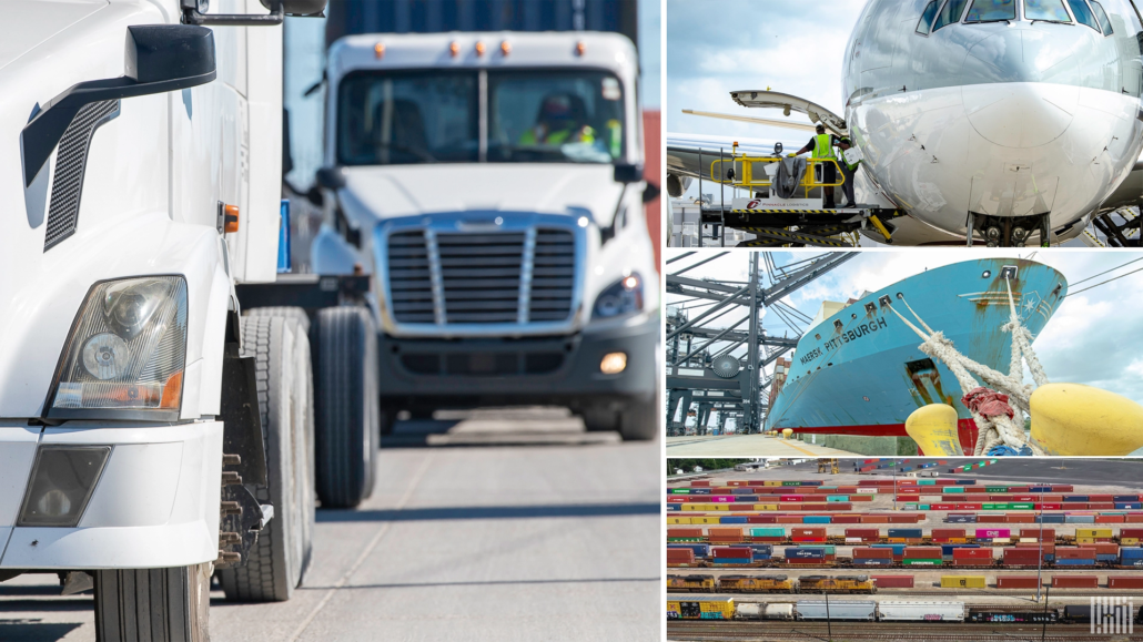 Supply chain collage shows trucks, plains, trains, and cargo.